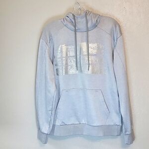 A|X ARMANI EXCHANGE, METALLIC GRAY HOODED SWEATSHIRT.
